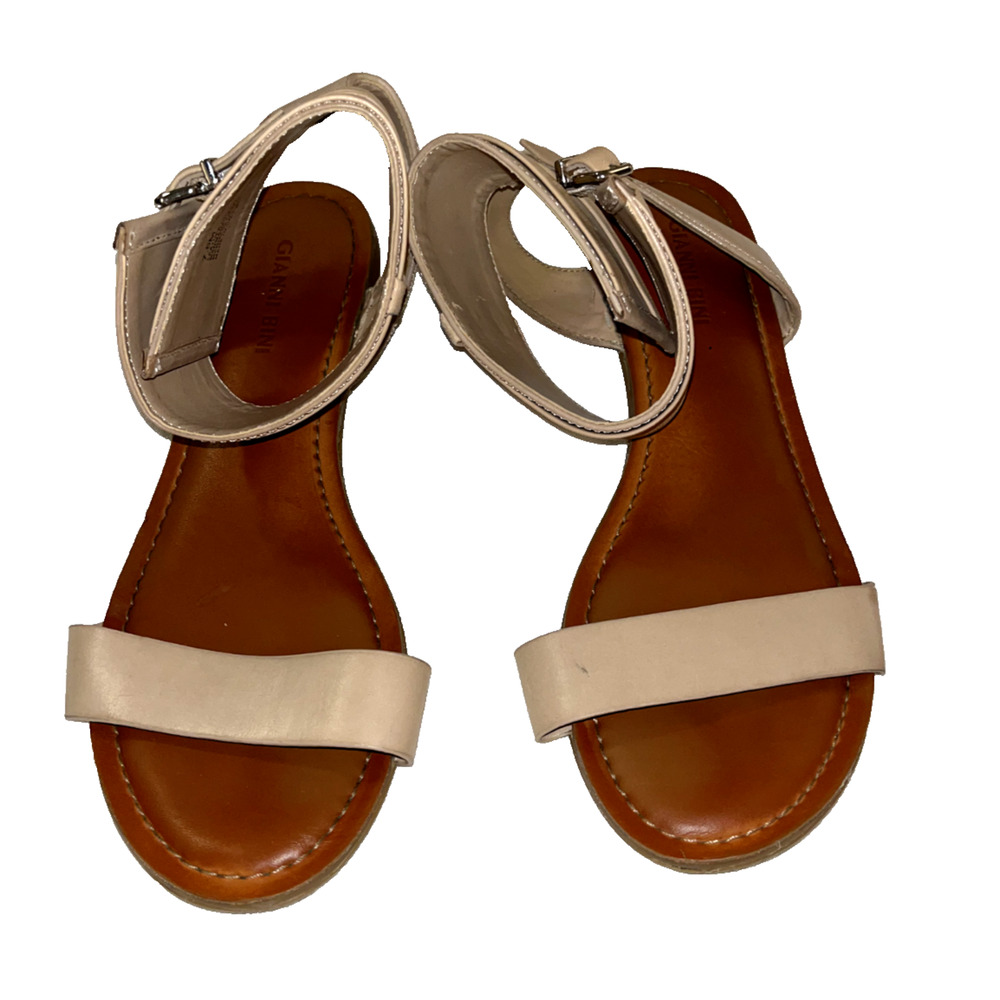 Gianni Bini Womens Tan Leather Flat Ankle Strap Sandals Sz 7.5 Gladiator